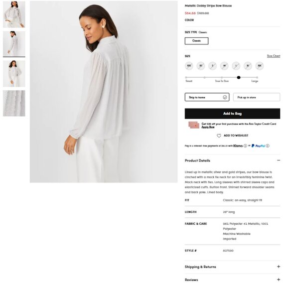 Ann Taylor Metallic Dobby Stripe Bow Blouse XL NWT - Picture 6 of 7